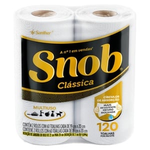 Papel Toalha Folha Dupla Snob Clássica 19cm x 20cm Pacote 2 Unidades com 60 Folhas Cada